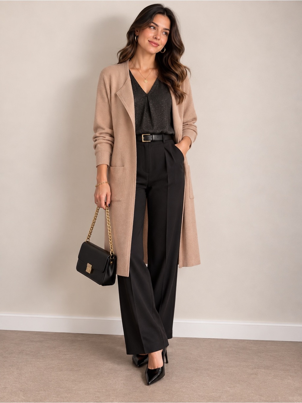 Women’s  open-front camel knit coatigan featuring two large patch
